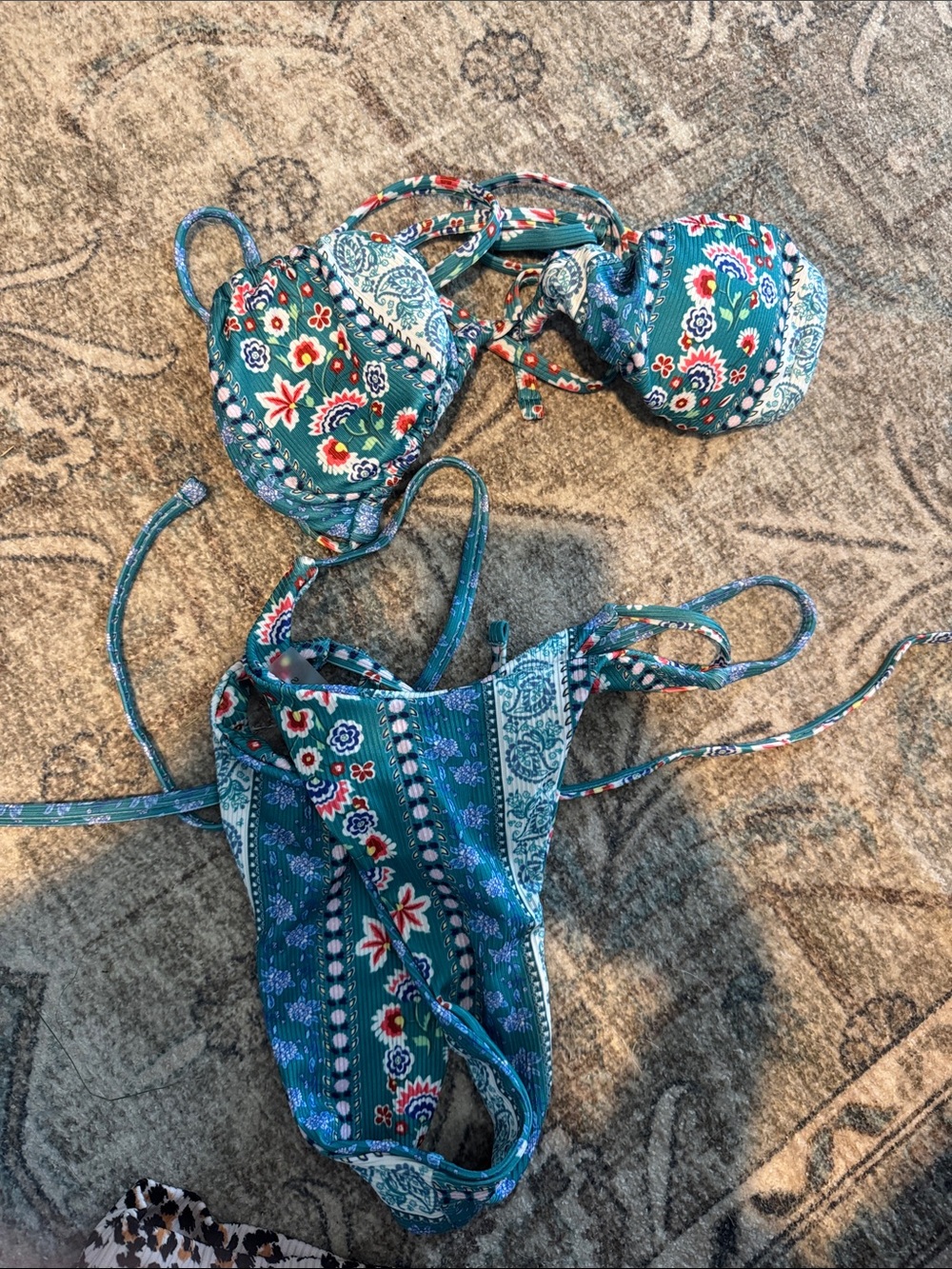 SHEIN Teal Floral Paisley Tie Bikini Set